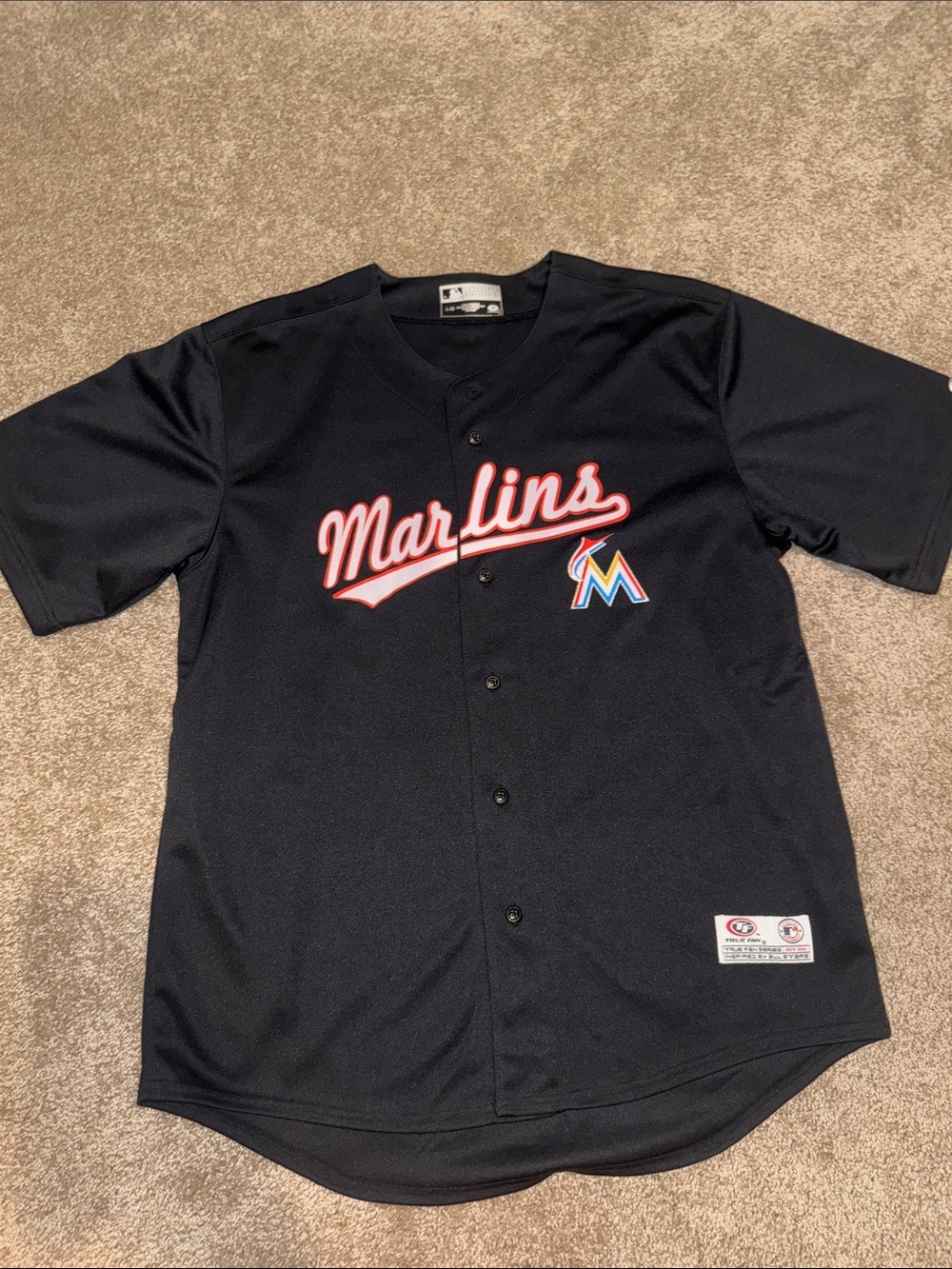 MLB Miami Marlins Black Jersey with Red Script and Multicolor Logo - Large. B10